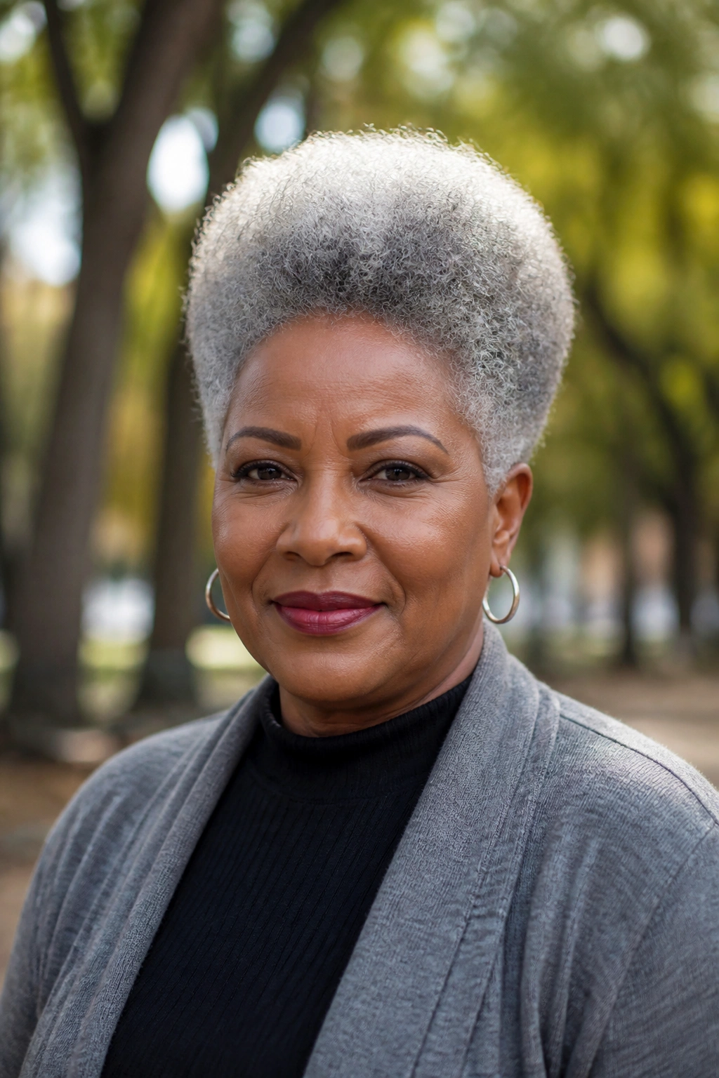 Close-up of a real person with a tall rounded silver afro in a park