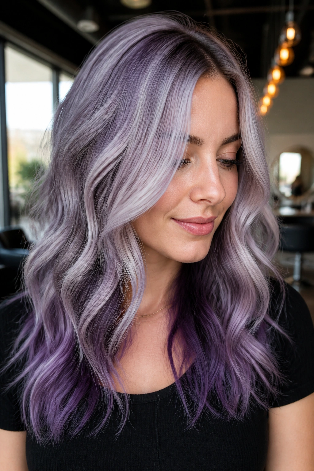 Close-up of real woman with silver amethyst balayage around the face