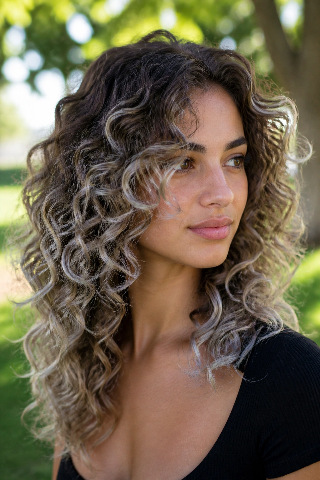 Close-up of curly brown hair with silver ash balayage on outer curls