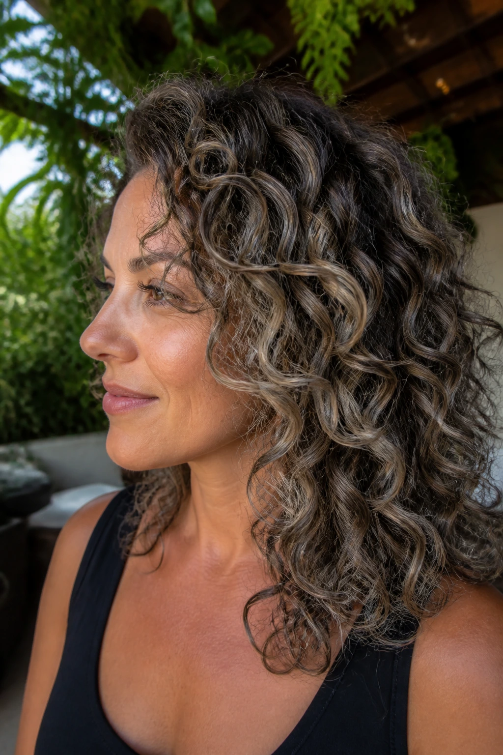 Real woman with curly brown hair and silver ash balayage in natural light