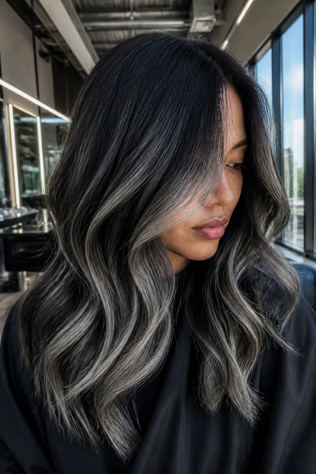 Close-up portrait of a real woman with silver ash balayage on deep brunette hair