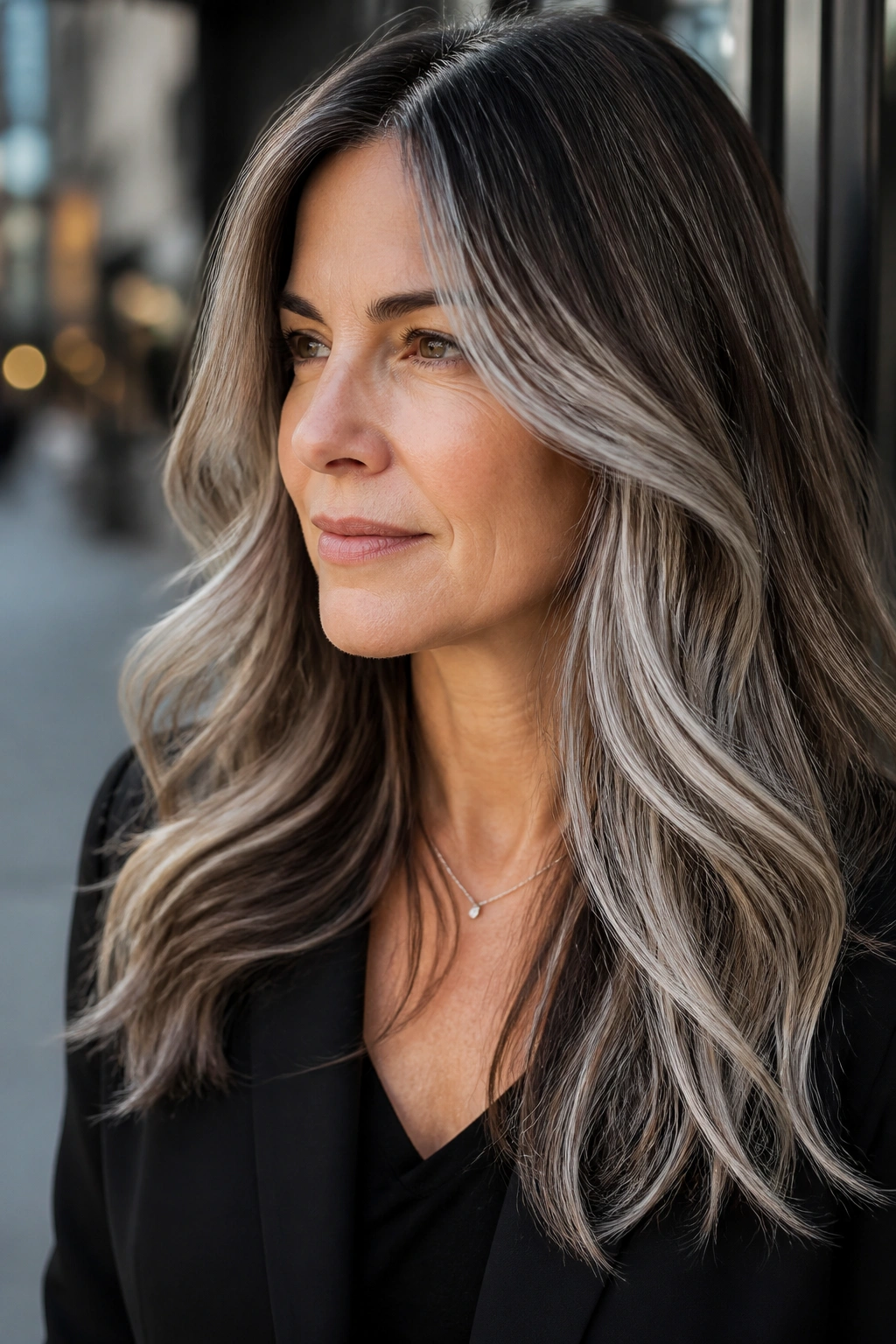 Close-up portrait of a woman with silver ash balayage and natural grey blending
