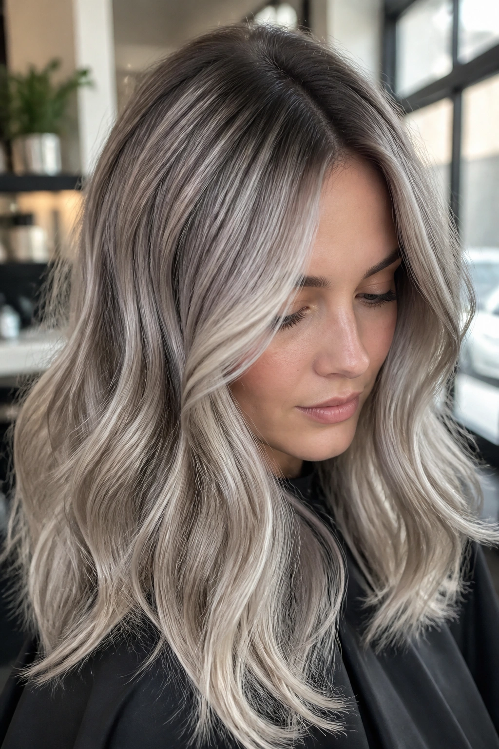 Close-up portrait of a woman with silver ash balayage on cool skin tone