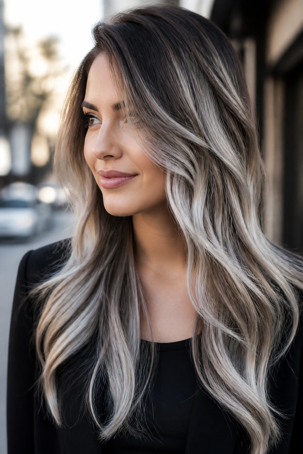 Portrait of a person with silver ash balayage on long layered hair