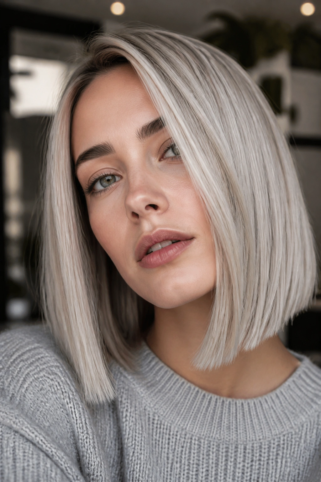 Portrait of woman with silver ash blonde blunt midi cut