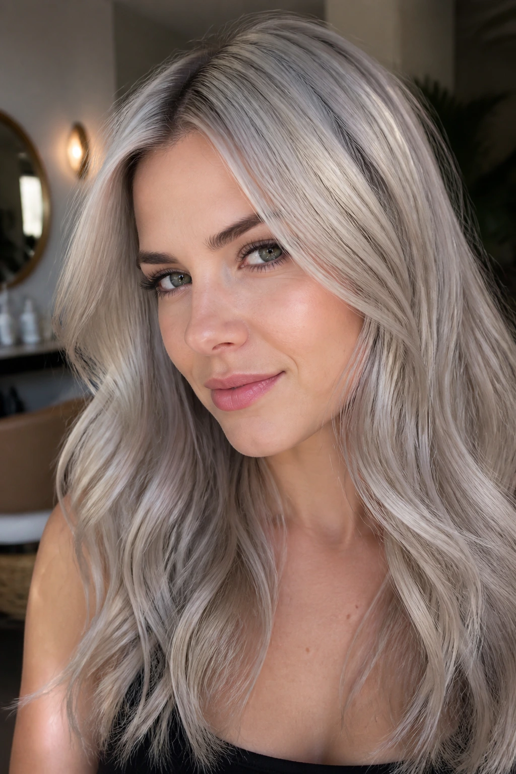 Close-up portrait of a woman with silver ash blonde hair on cool skin tone, natural window light