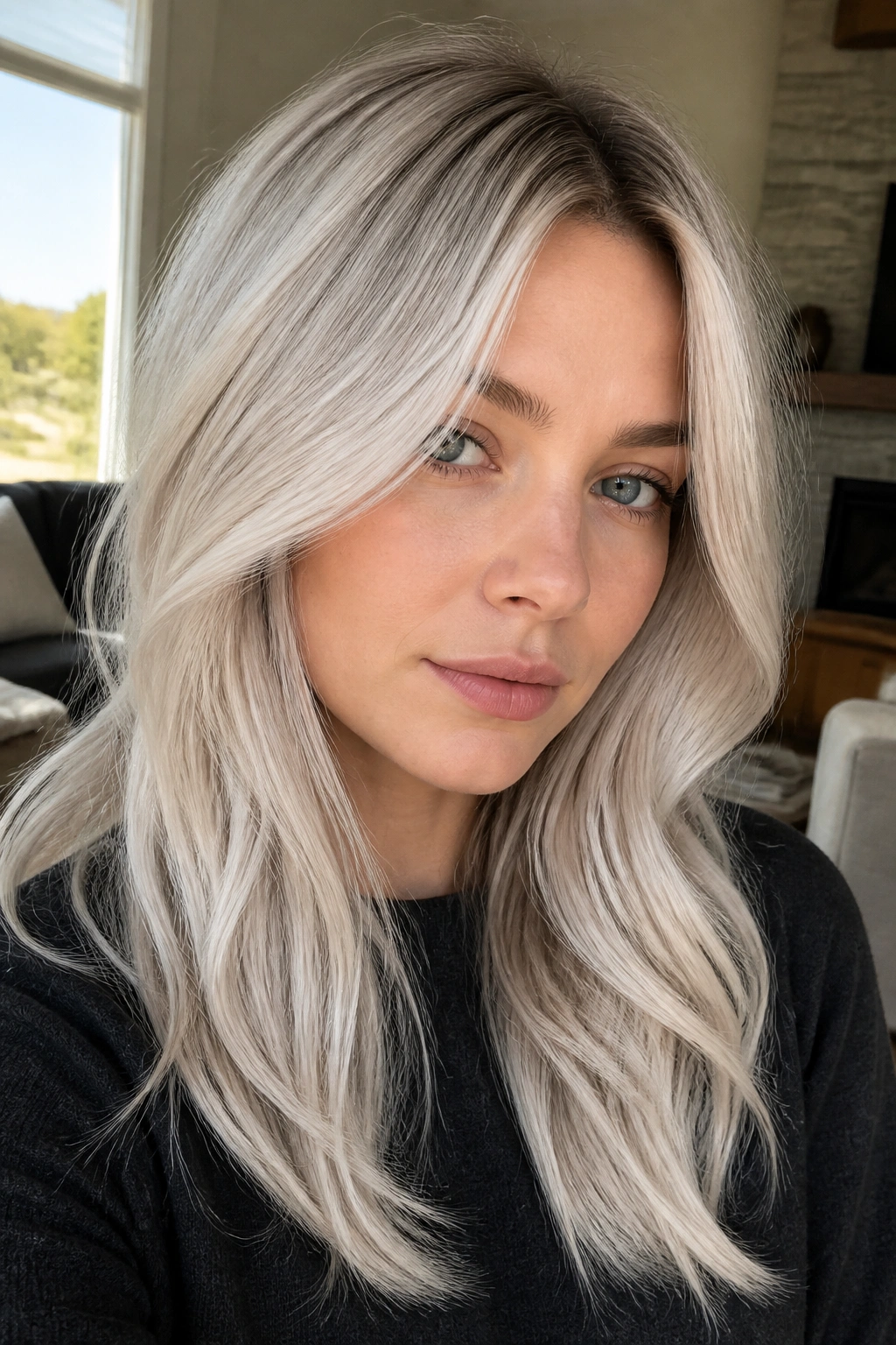 Close-up portrait of a real woman wearing silver ash blonde hair in natural daylight.