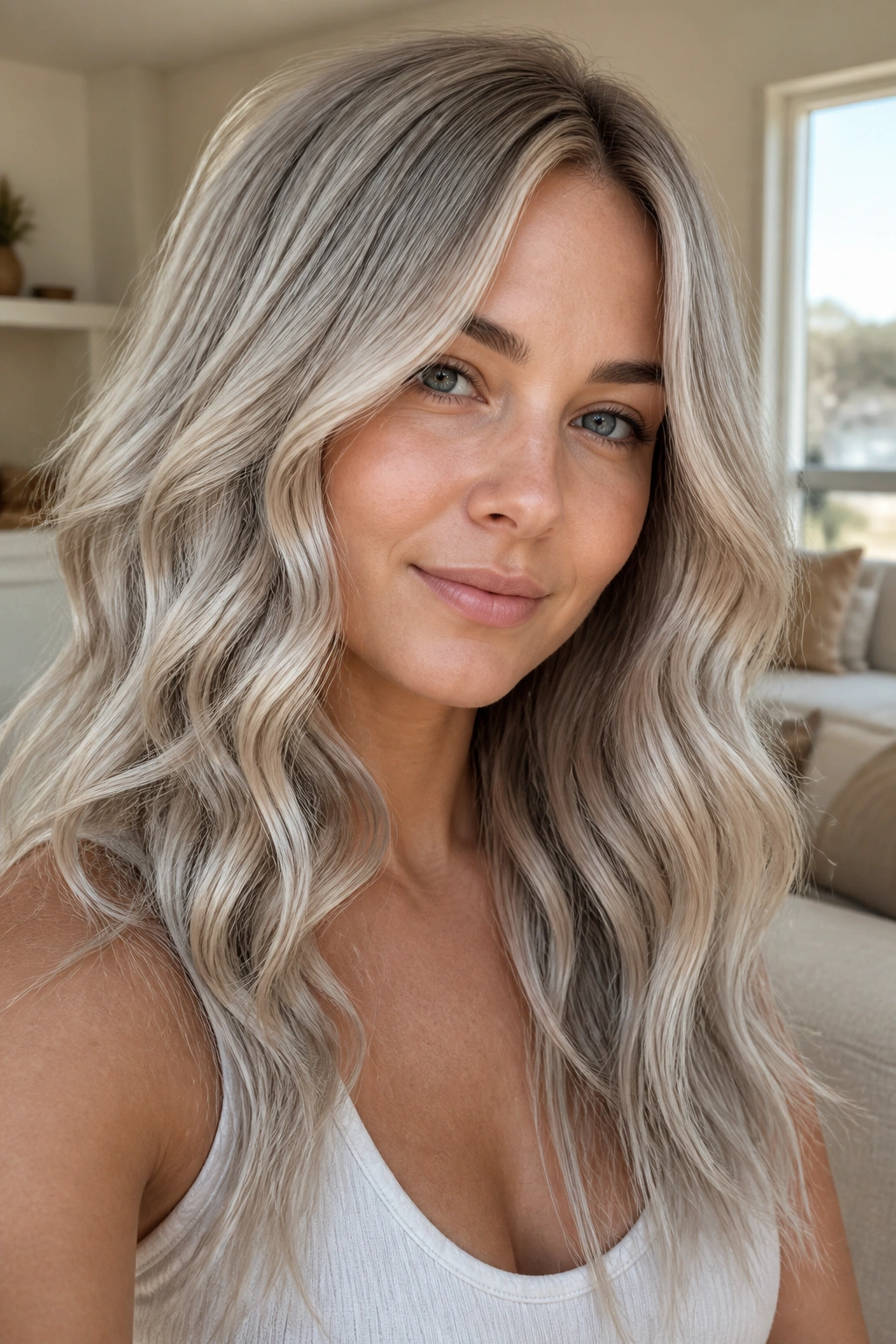 Close-up of a real woman with silver ash blonde hair and soft beach waves framing her face