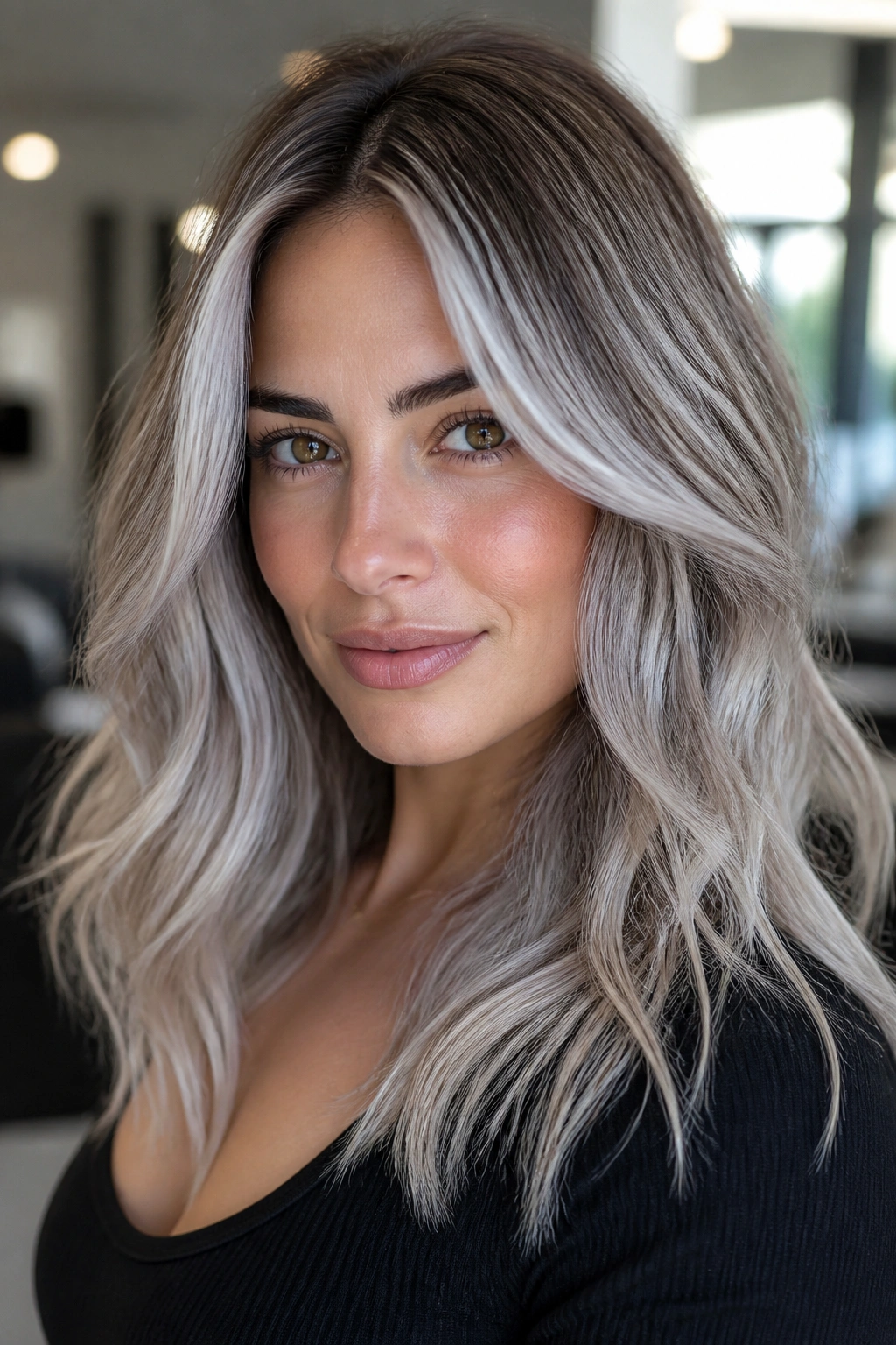 Portrait of a person with silver ash bronde hair and dimension