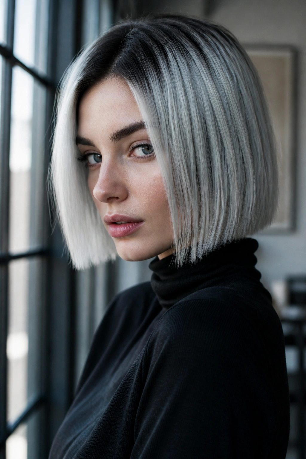 Close-up of a person with silver ash blonde hair and charcoal roots in a blunt bob