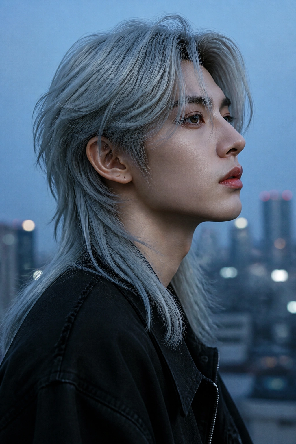 Close-up portrait of real person with Silver Ash Elvish Shag Mullet featuring a center part and razor-soft ends.