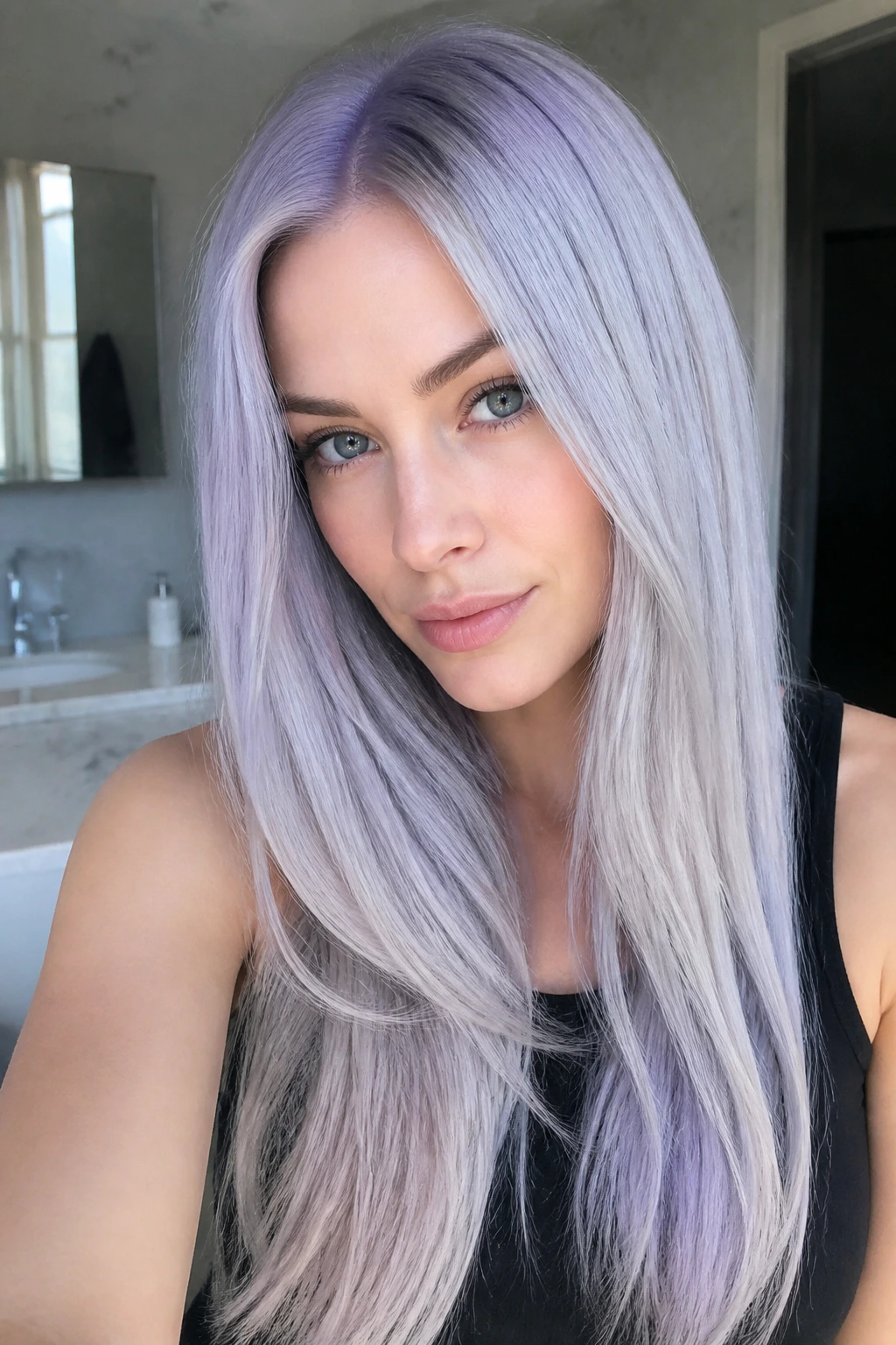 Real woman with silver ash base and periwinkle glaze in long straight hair.