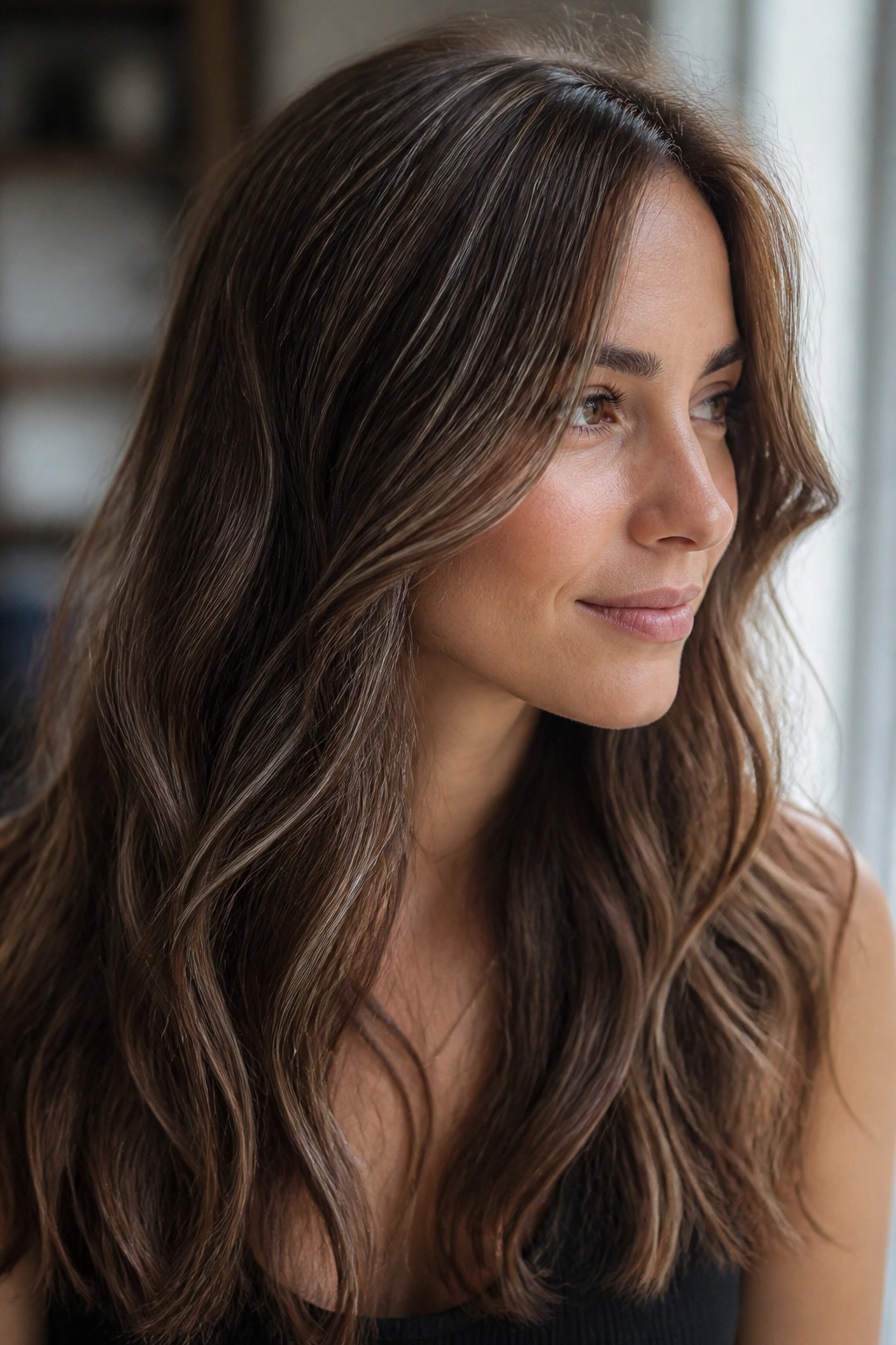 Chestnut brown hair with fine silver babylights close up