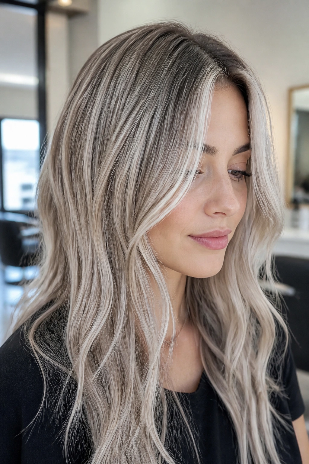 Close-up portrait of a real woman with silver babylights on cool-toned blonde