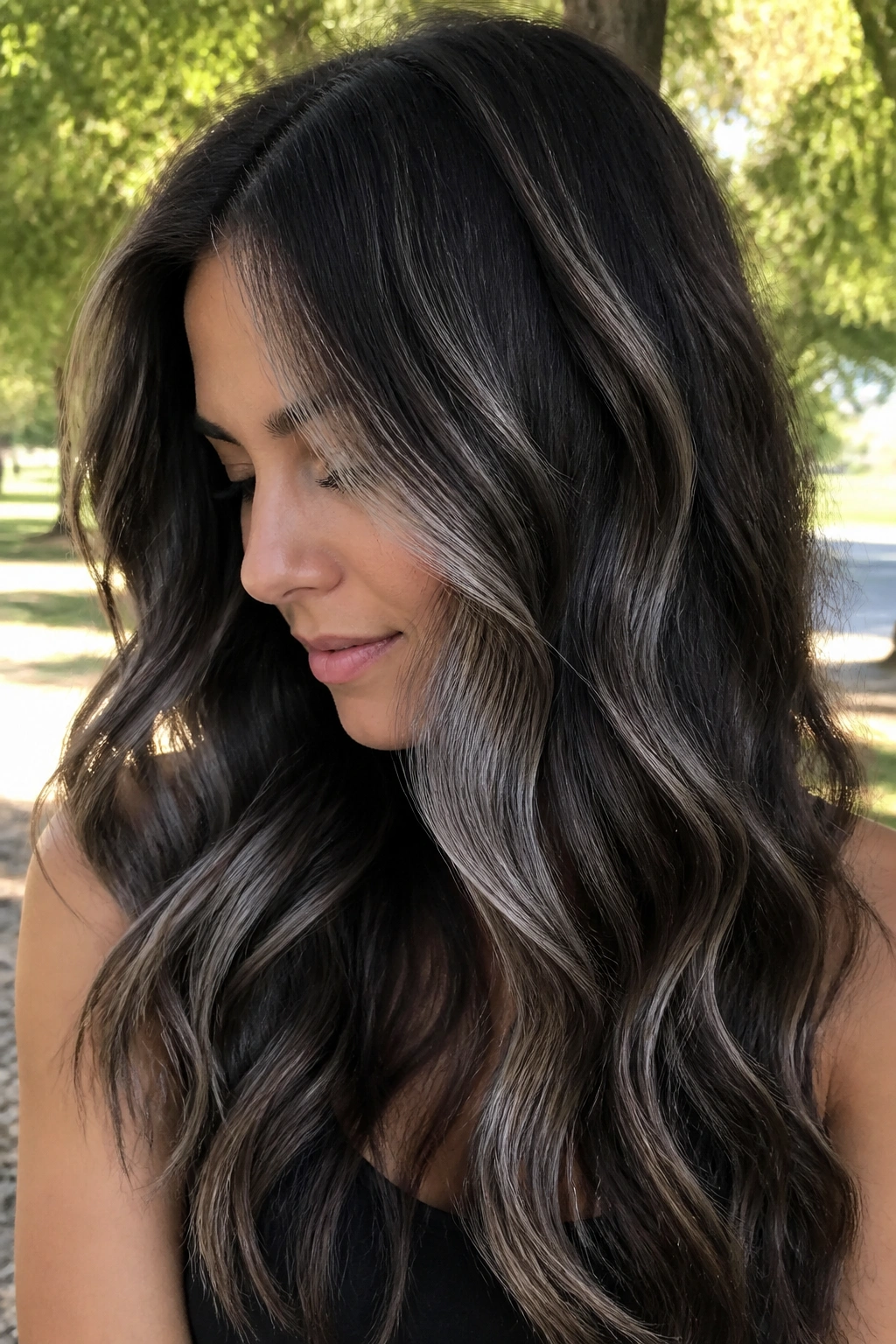 Close-up of a real woman with silver babylights in dark brown waves