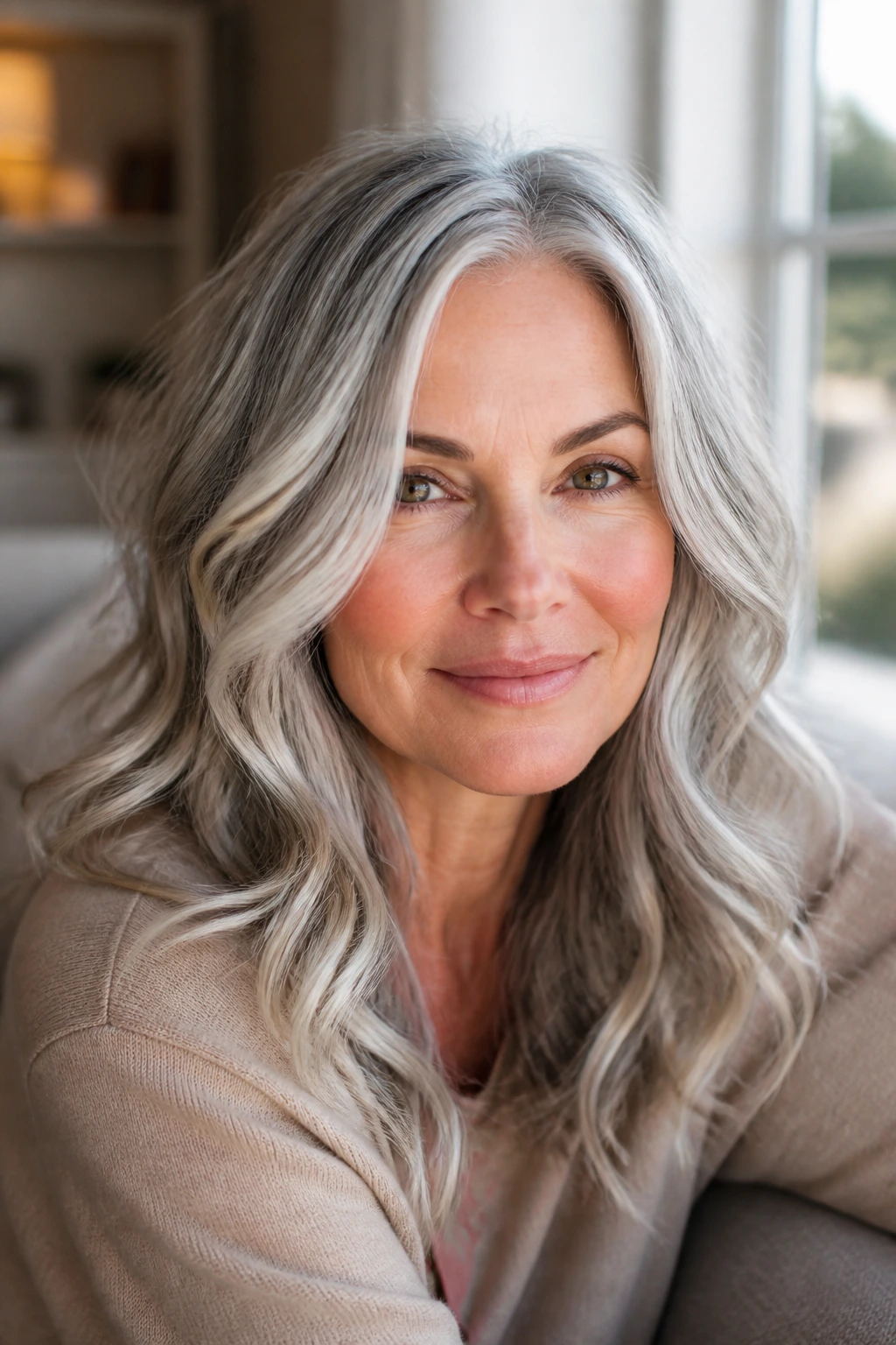 Close-up portrait of an older woman with gray hair featuring ultra-fine silver babylights woven through.