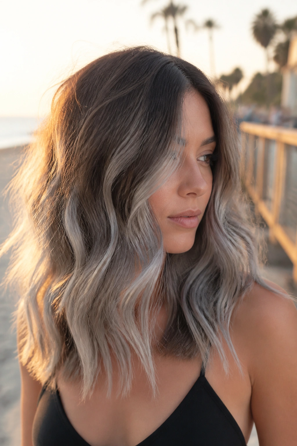 Shoulder-length hair with silver balayage in loose beach waves on a real person