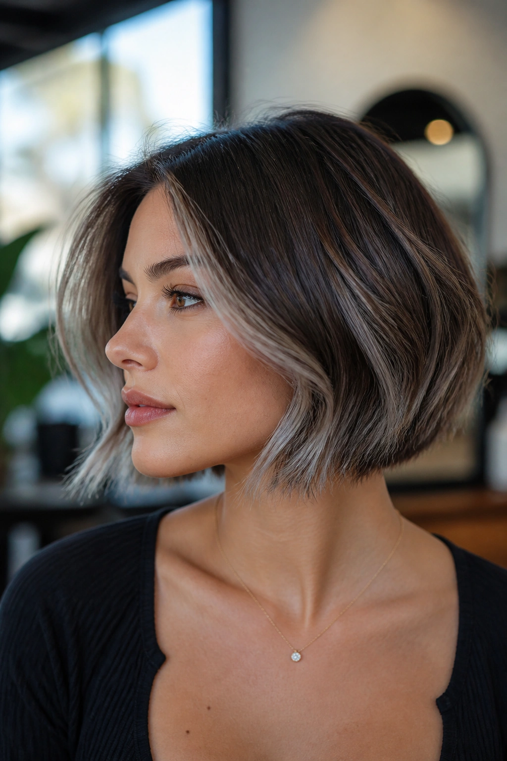 Close-up of a real woman with silver balayage bob on short brown hair.