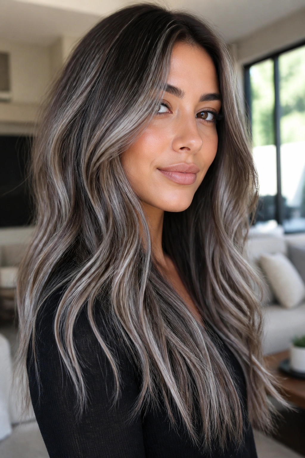 Real long hair with silver balayage and thin caramel breaks