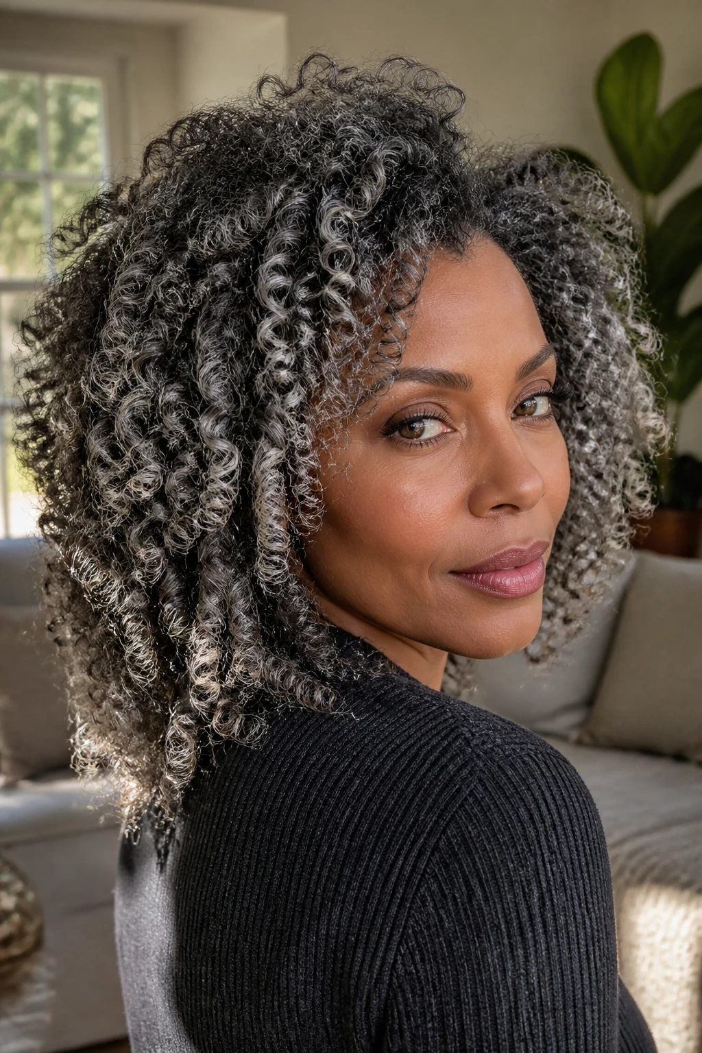 Real woman with silver balayage on coily hair in a sunlit room