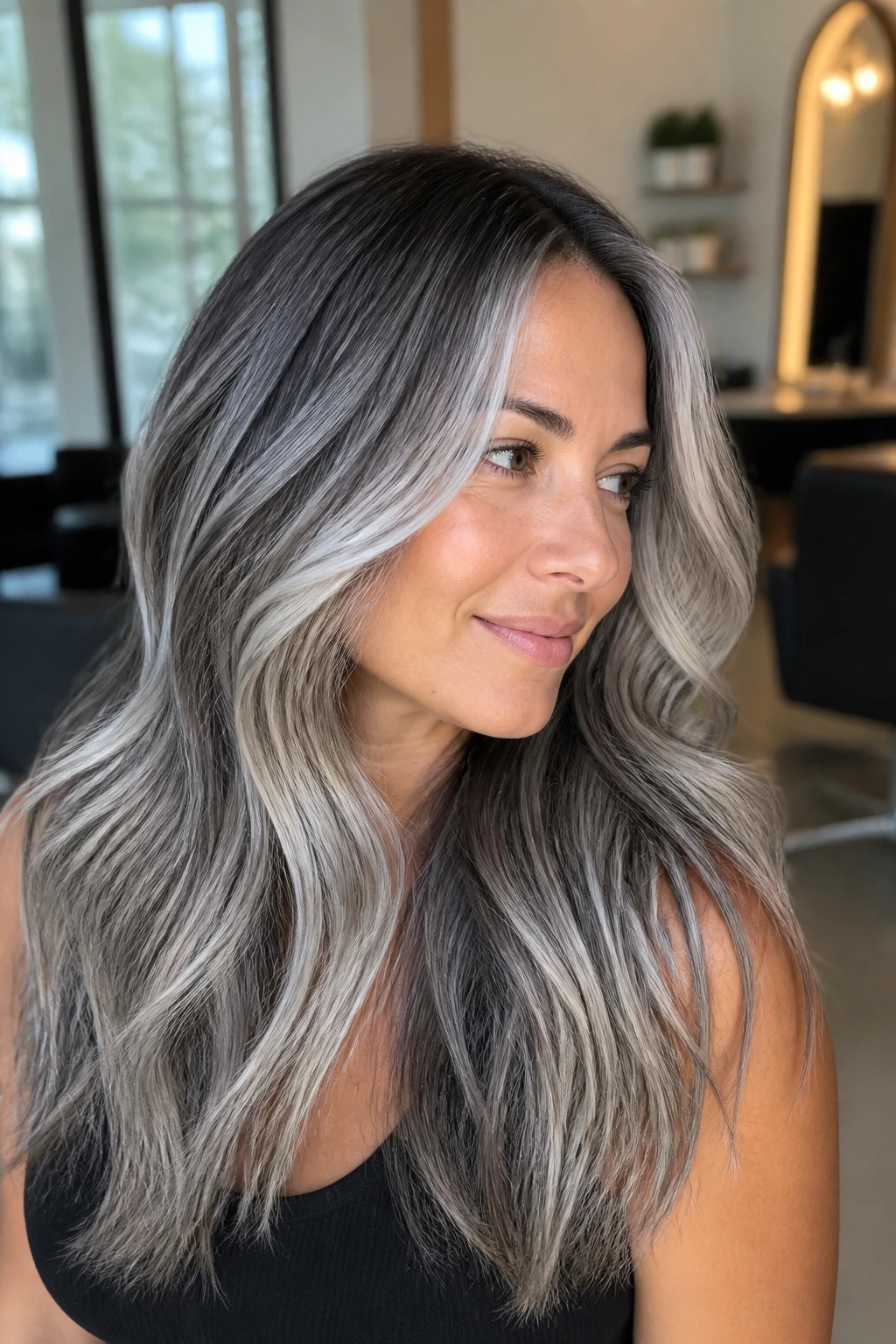 Close-up portrait of a real woman with silver smoke balayage ribbons in long hair
