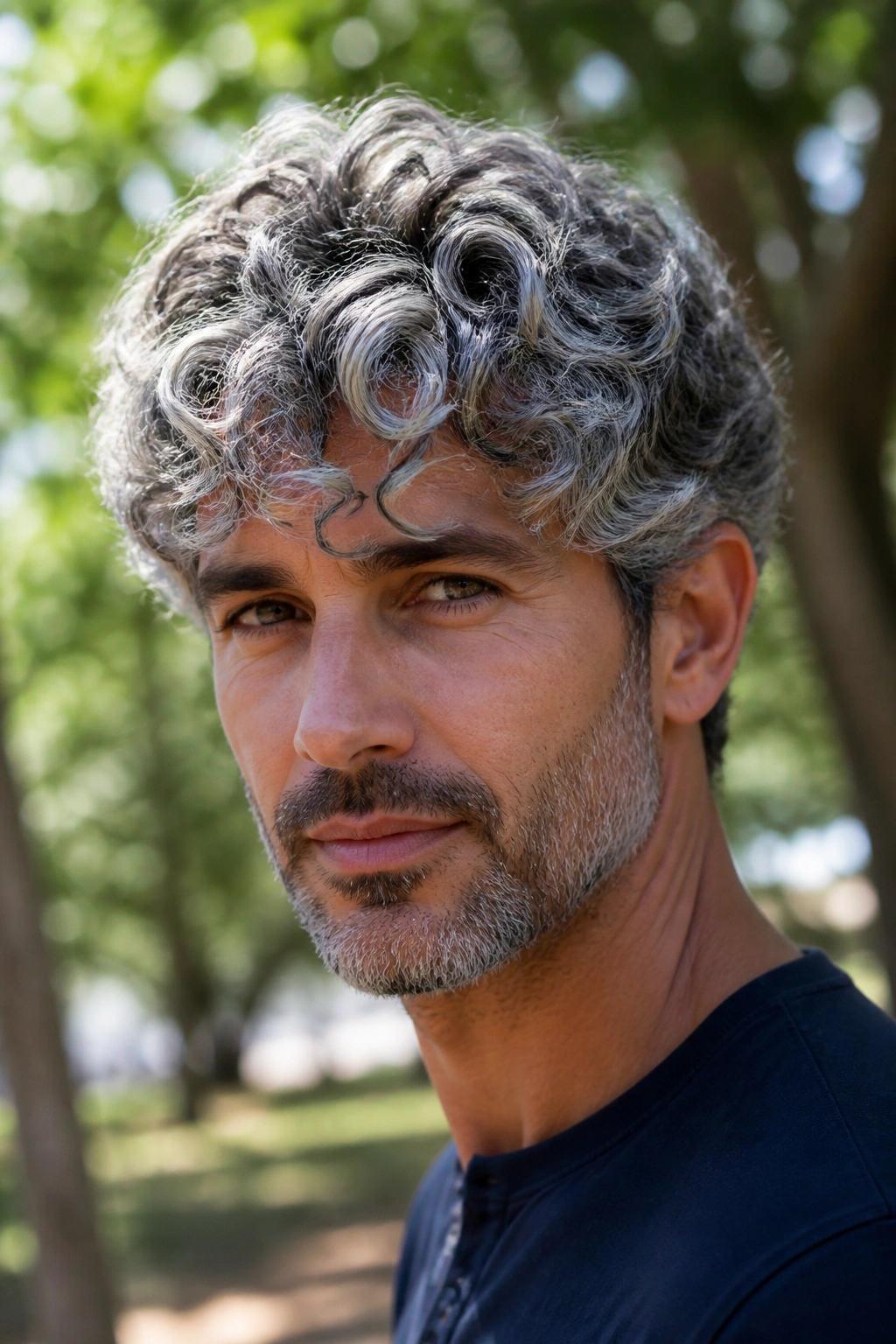 Close-up portrait of a man with silver balayage on curls in a park