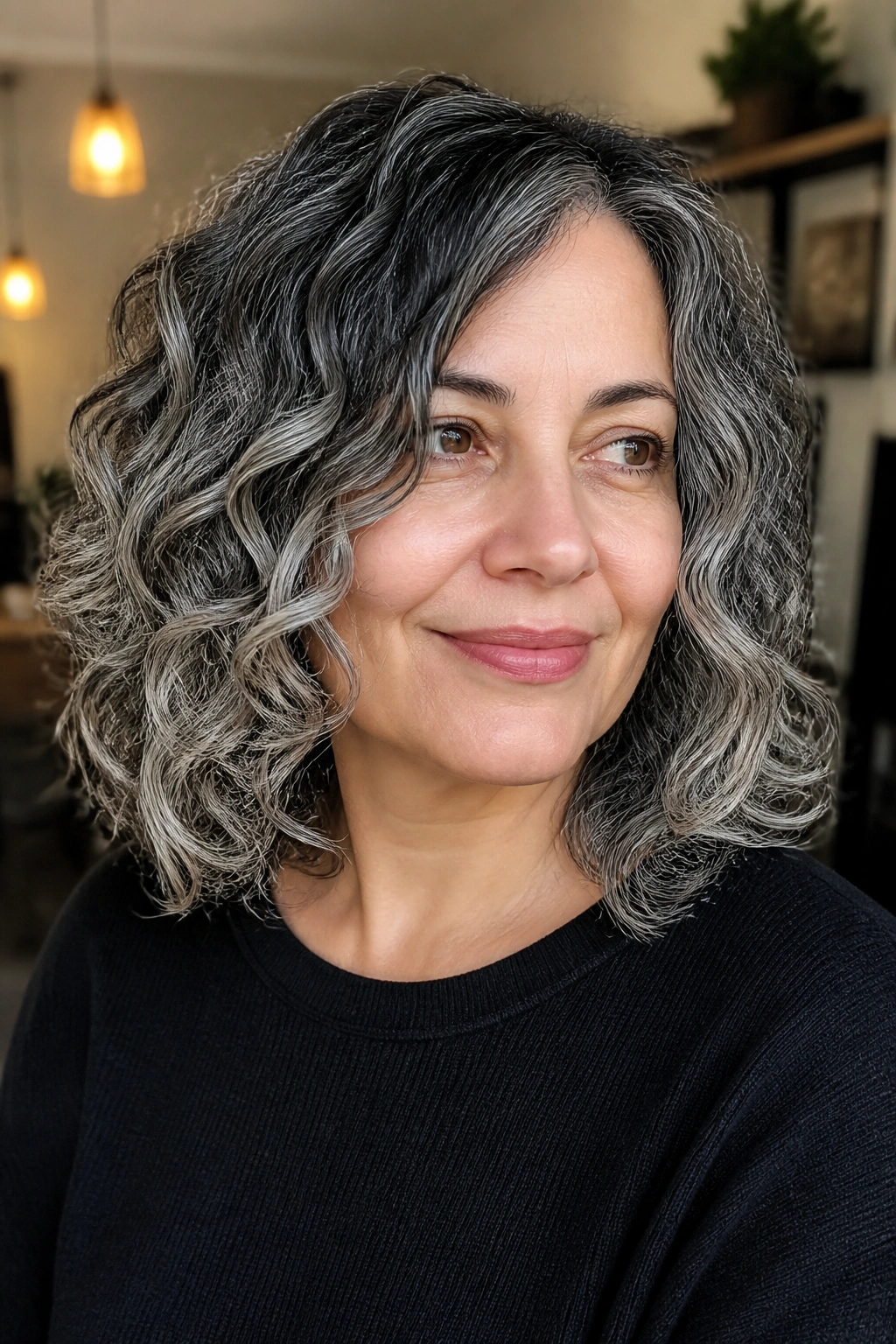 Close-up portrait of a real woman with curly shoulder-length hair showing silver balayage on outer curls.