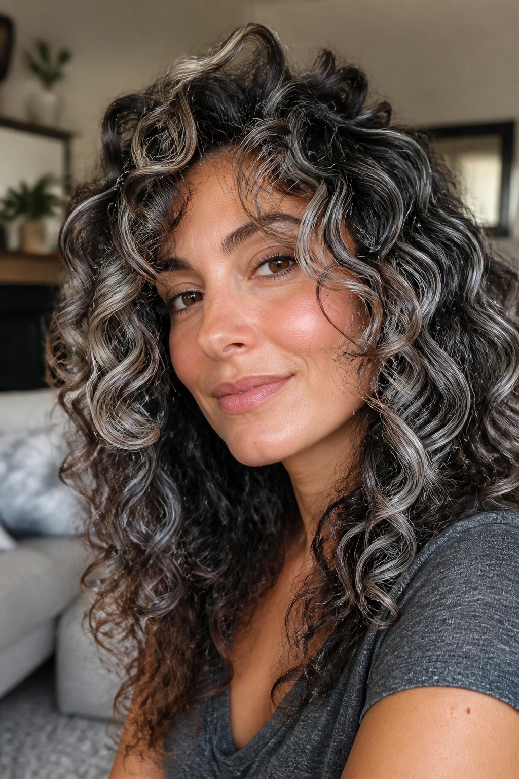 Portrait of a woman with curly brown hair showing silver ribbon highlights along curls