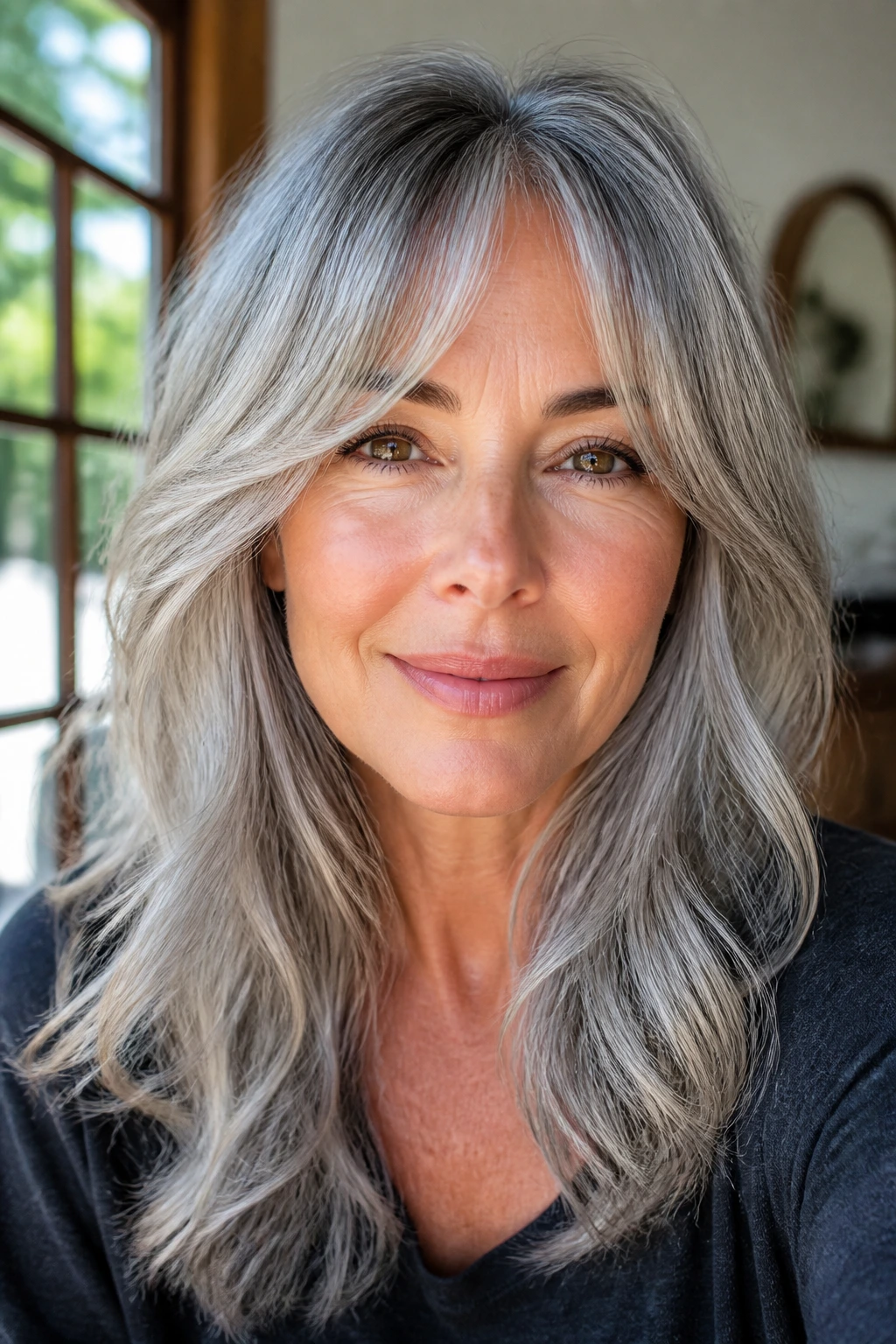 Close-up of a woman with curtain bangs and silver balayage