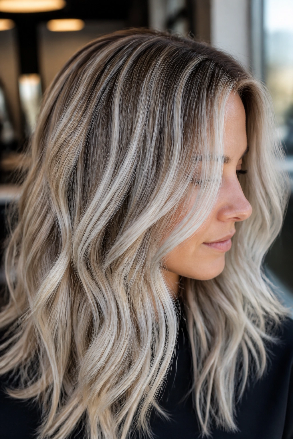 Close-up portrait of a real woman showcasing silver blonde balayage with dimensional ribbons in salon light
