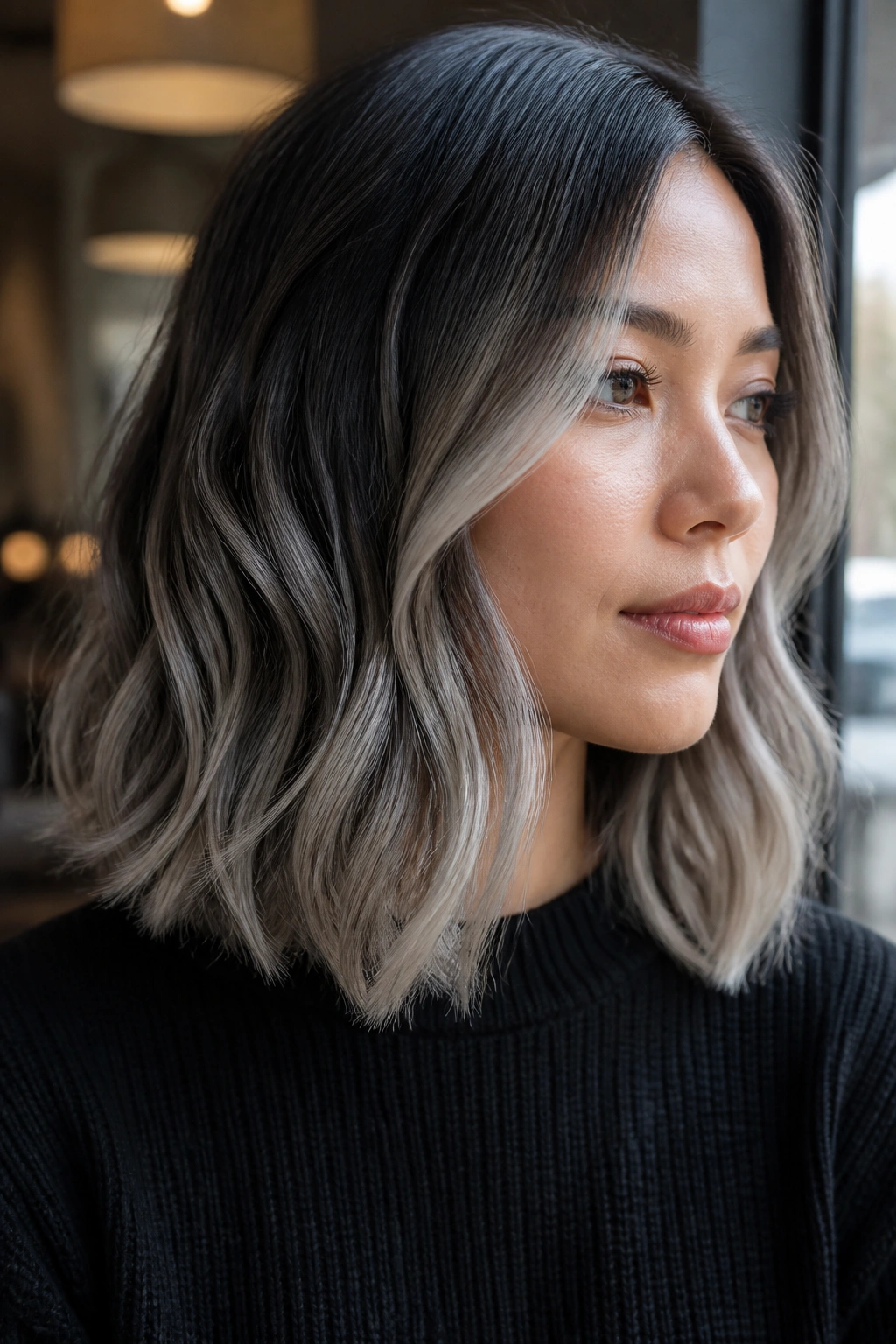 Close-up portrait of a woman with silver-dusted balayage on a wavy lob
