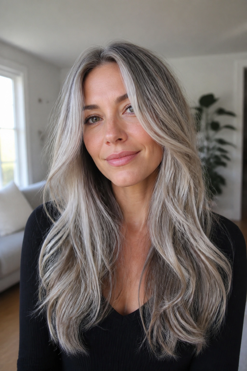 Close-up of long hair with silver balayage on loose layers