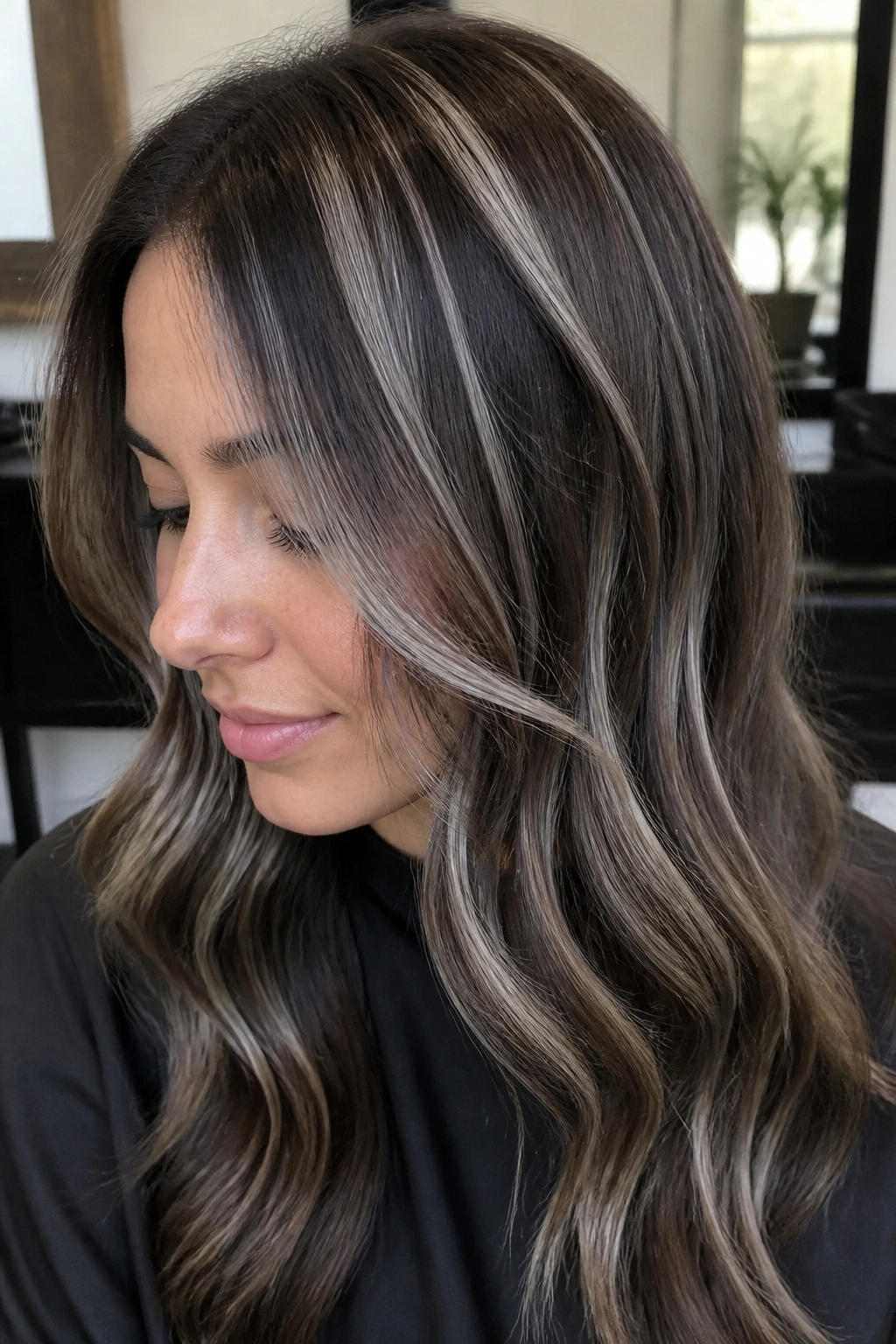 Close-up of smoky silver balayage ribbons woven through brown hair