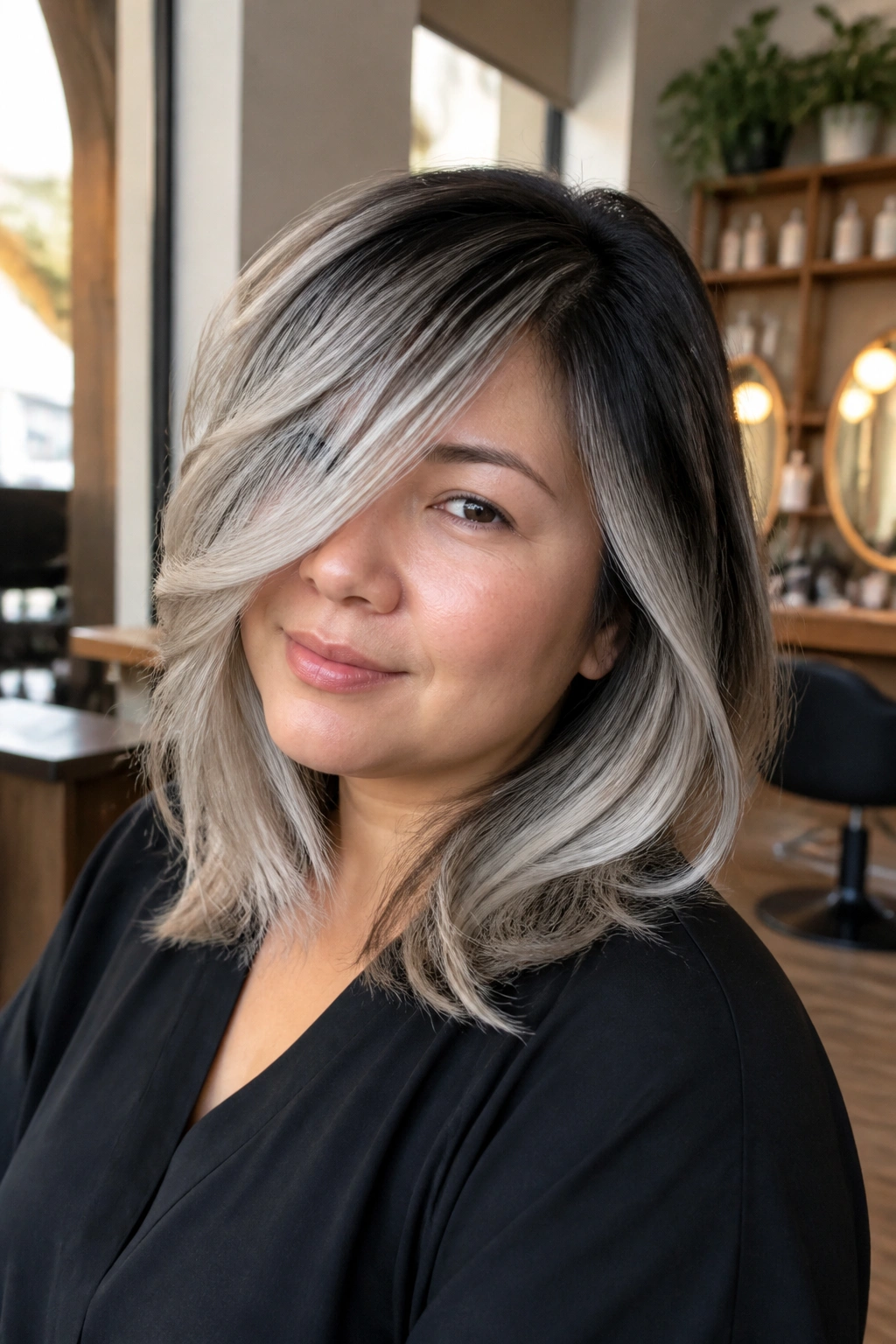 Close-up of a real woman with side-swept silver balayage elongating a round face