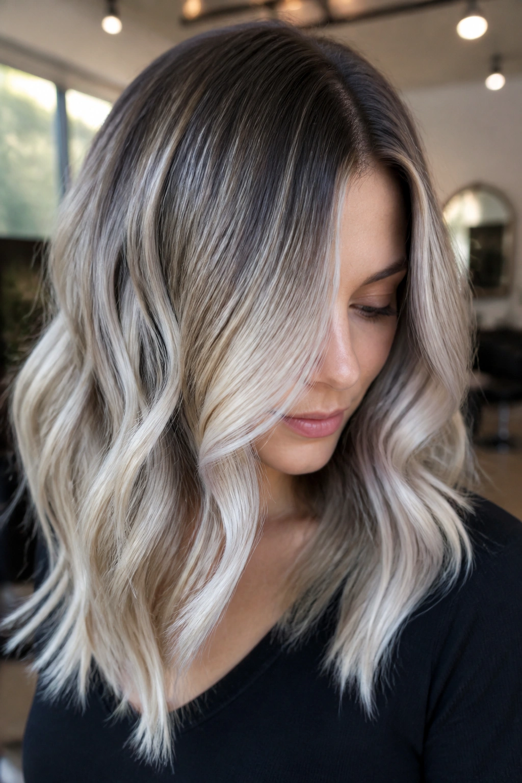 Silver blonde balayage with shadow root on brown hair.