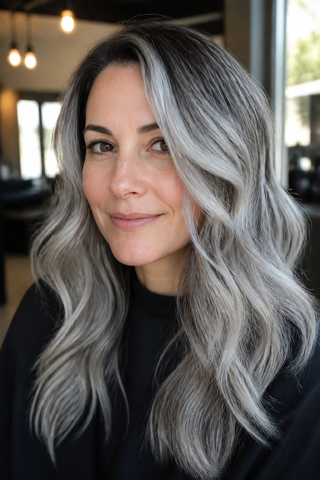 Close-up portrait of a woman with silver balayage and shadow roots, hair framing the face