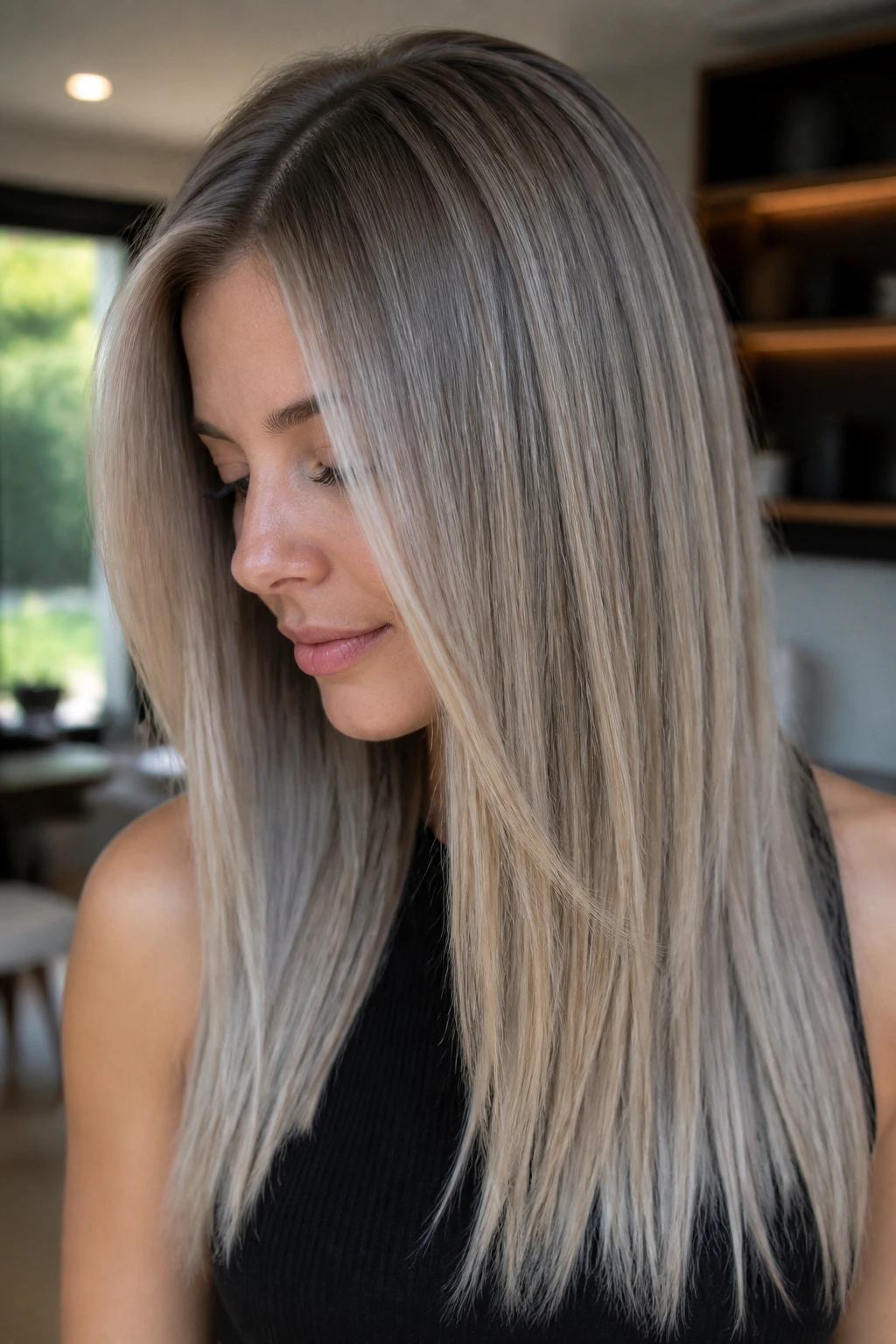 Close-up of real woman with silver-beige balayage on straight hair