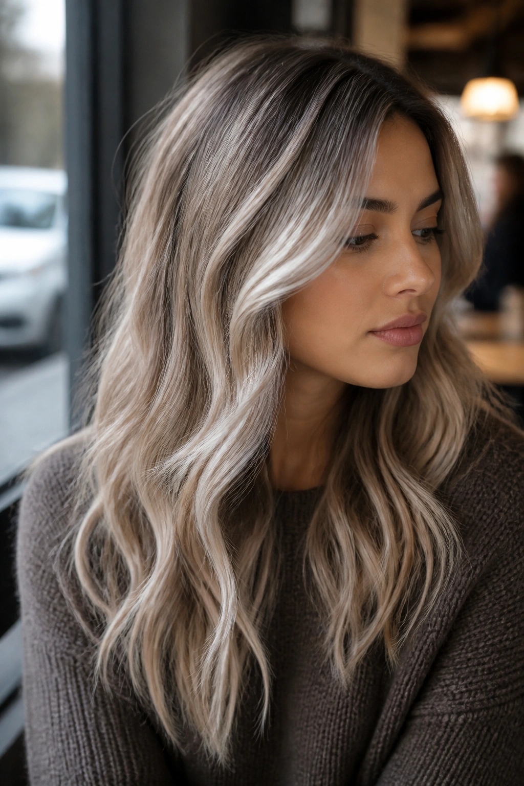 Close up portrait of a real woman with silver beige balayage