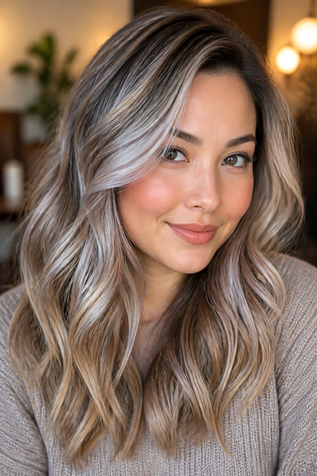 Real woman with silver and beige balayage mix