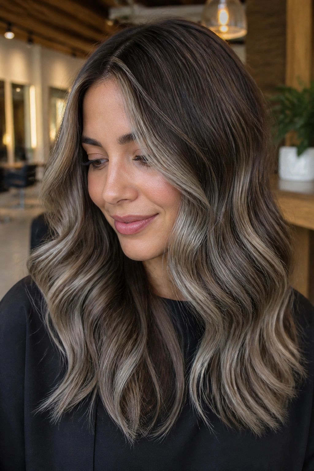 Portrait of a real person with walnut brown hair and silver-beige balayage.