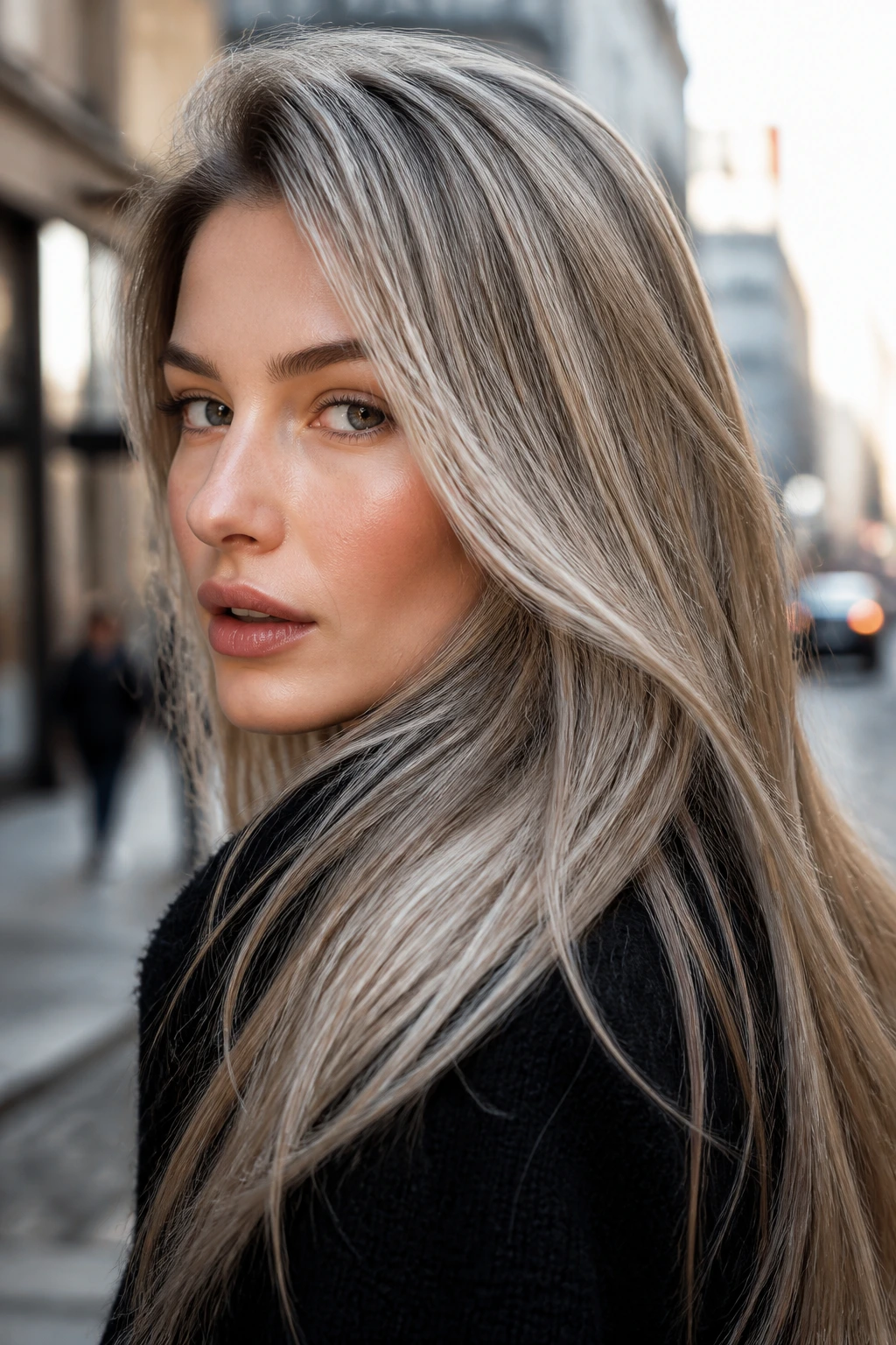 Close-up portrait of a woman with silver-beige blonde hair and sharp shine
