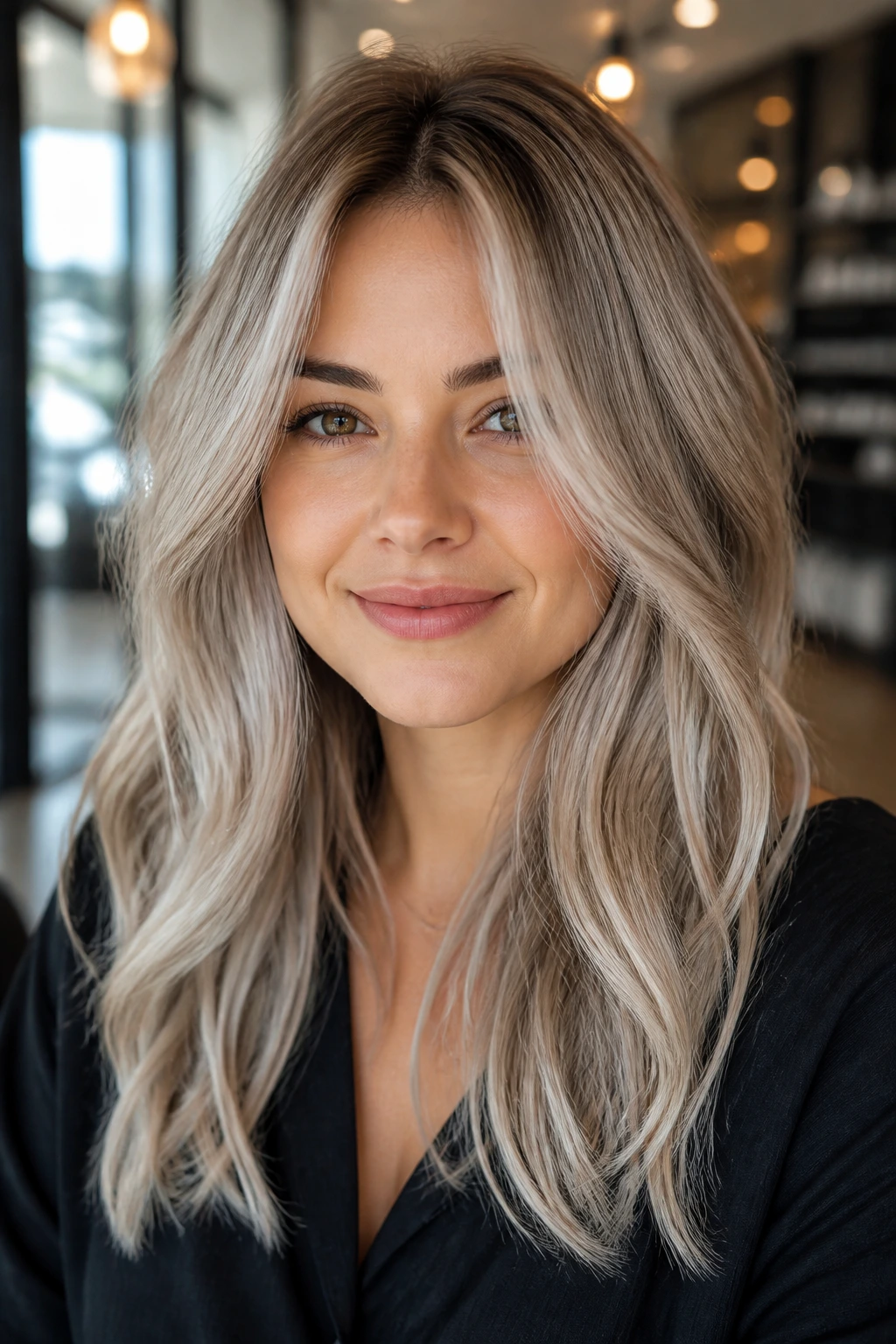Close-up of a real woman's silver-beige hair with soft root and light ends