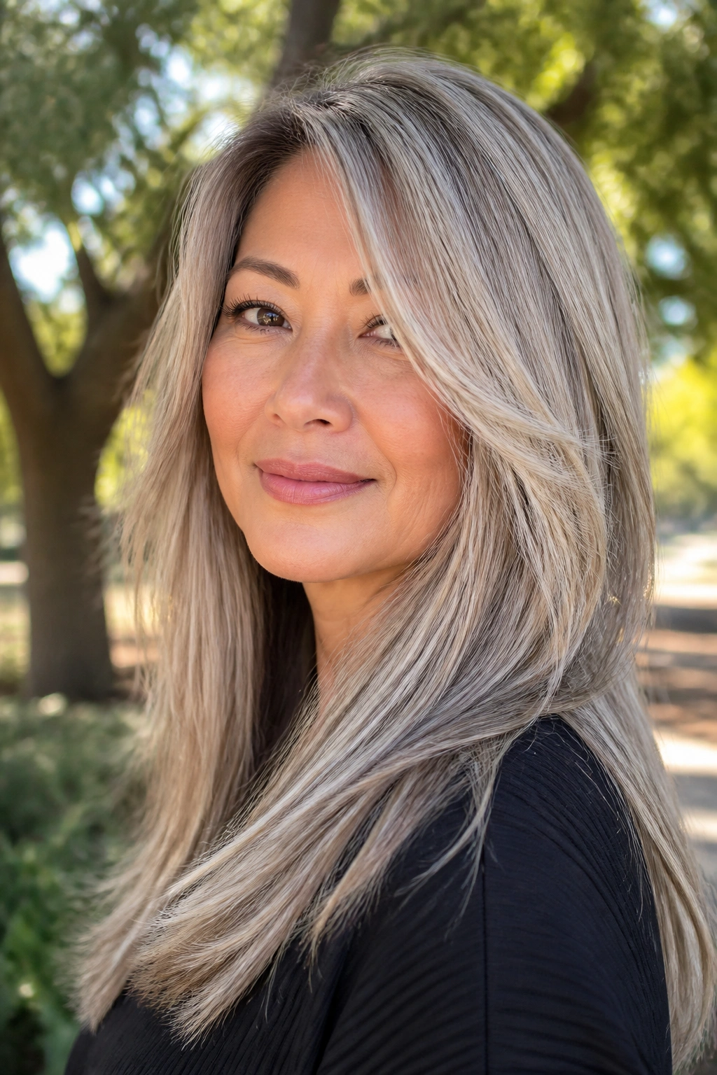 Close-up of real person with silver-beige long layered hair outdoors