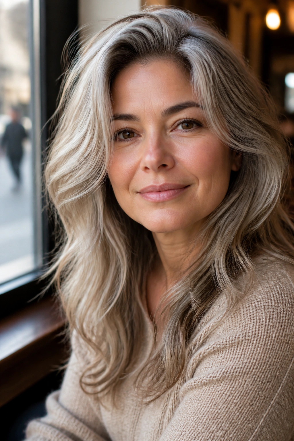 Close-up of real person with silver-beige hair and soft lowlights