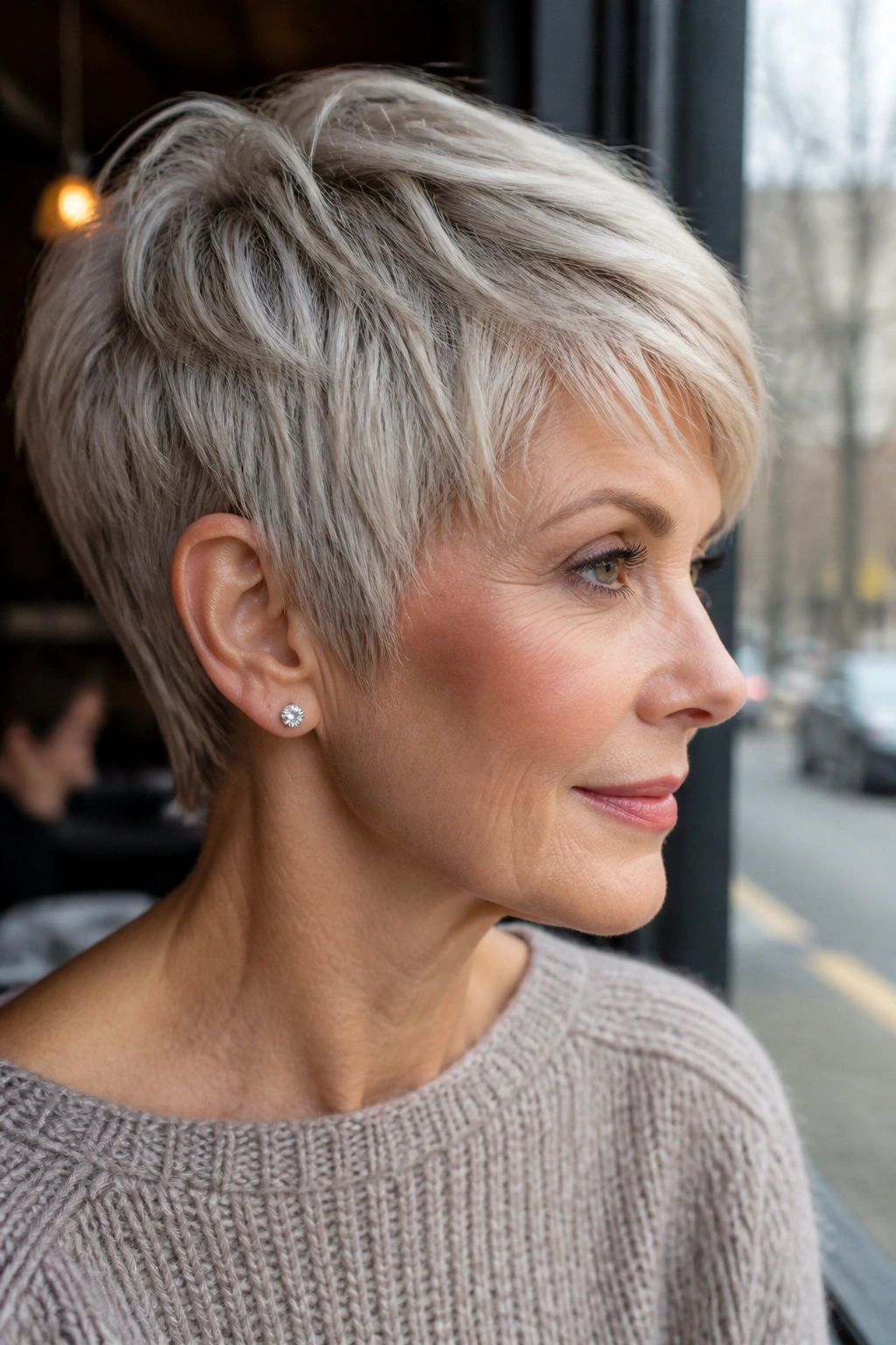 Close-up of a real person with a silver-beige pixie haircut.