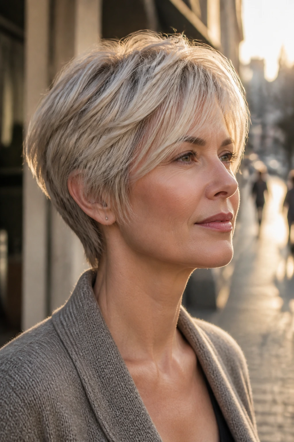 Close-up of a real woman with short silver-beige blonde layers.