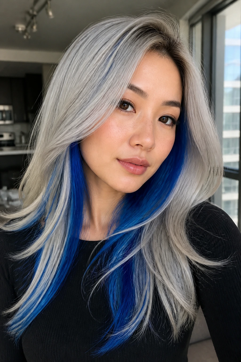 Close-up portrait of a real woman with silver-blonde outer layer and electric blue inner layer.