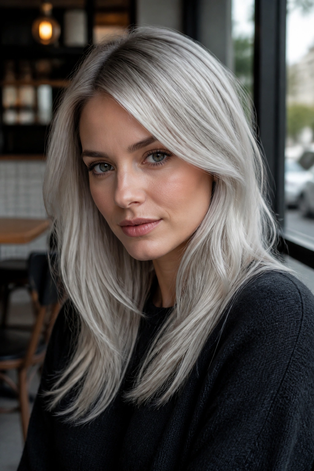 Close-up portrait of a woman with silver blonde hair in daylight