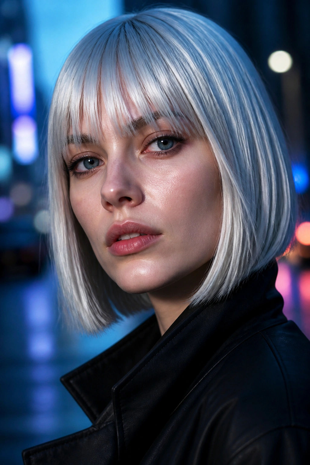 Close-up of a real person with silver blonde hair in an urban blue-hour setting