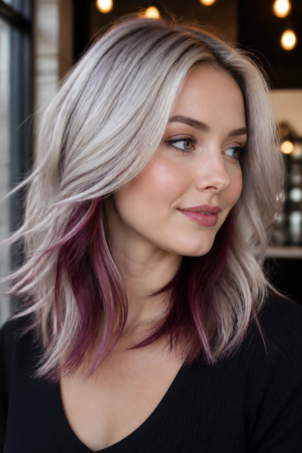 Portrait of a woman with silver blonde layers and wine peekaboo